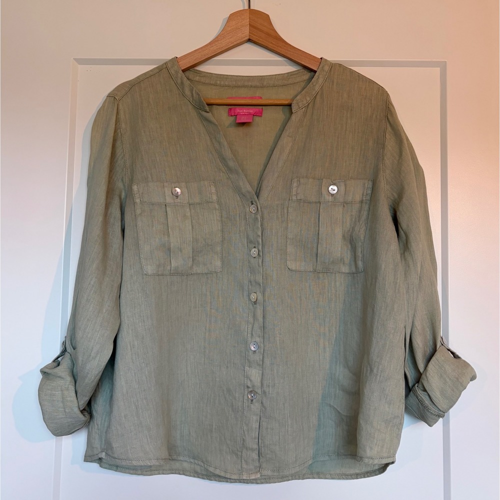 Isaac Mizrahi Womens Linen Roll Tab Relaxed Shirt Green Size M Coastal Summer - Picture 2 of 10